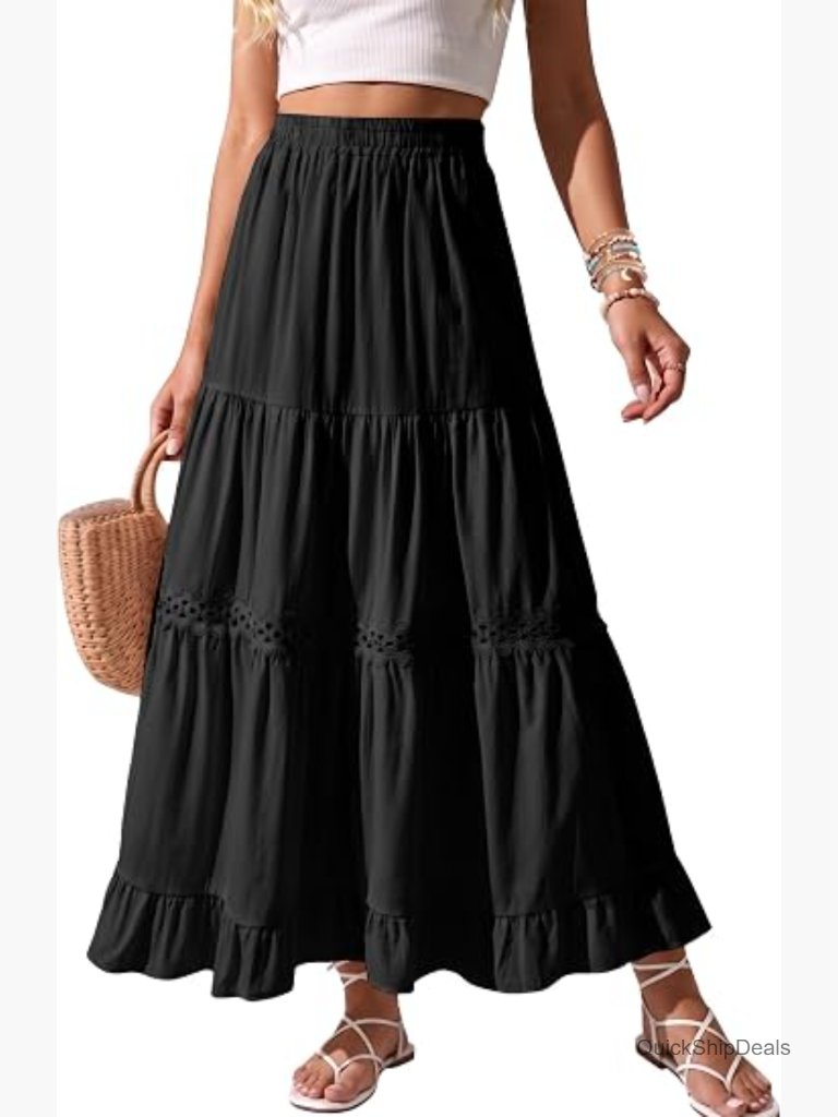 Boho Cotton Lace Crochet Flowy A-Line High Waisted Maxi Skirt